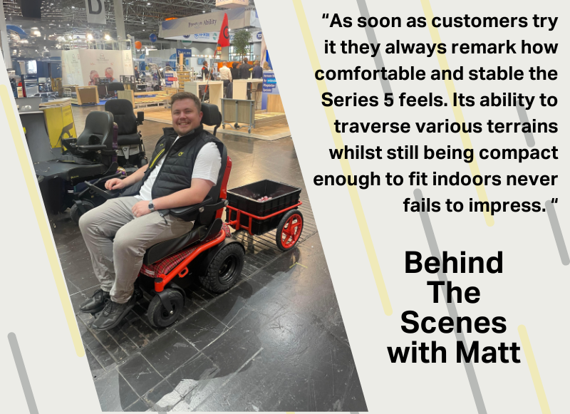 Matt, sales manager, on a Series 5 powerchair at Rehacare 2024