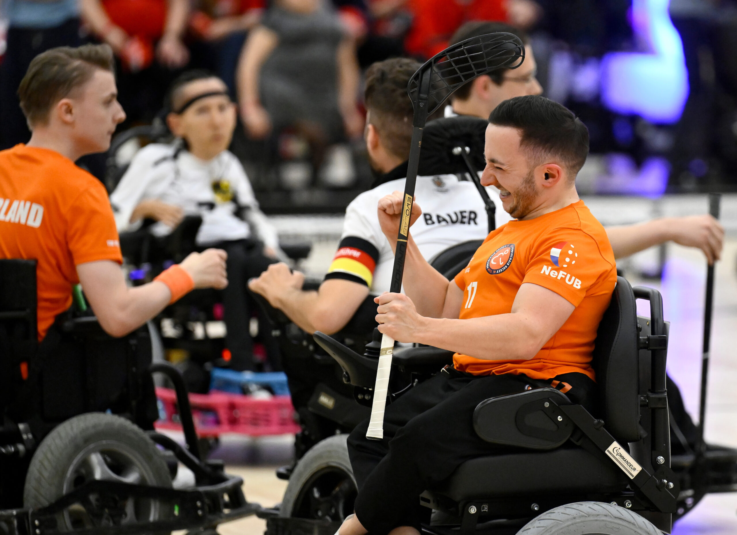 DK: 20241027 Korsør, Danmark. EM i Powerchair Floorball på Musholm, ferie- sport og konference. Holland vinder finalen og Tyskland Foto: Lars Moeller