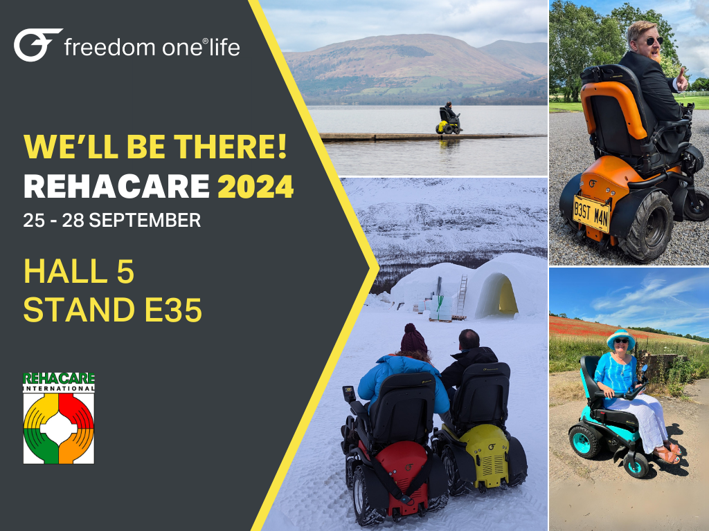 Rehacare promotional graphic showing pictures of the Series 5 powerchair on different terrains